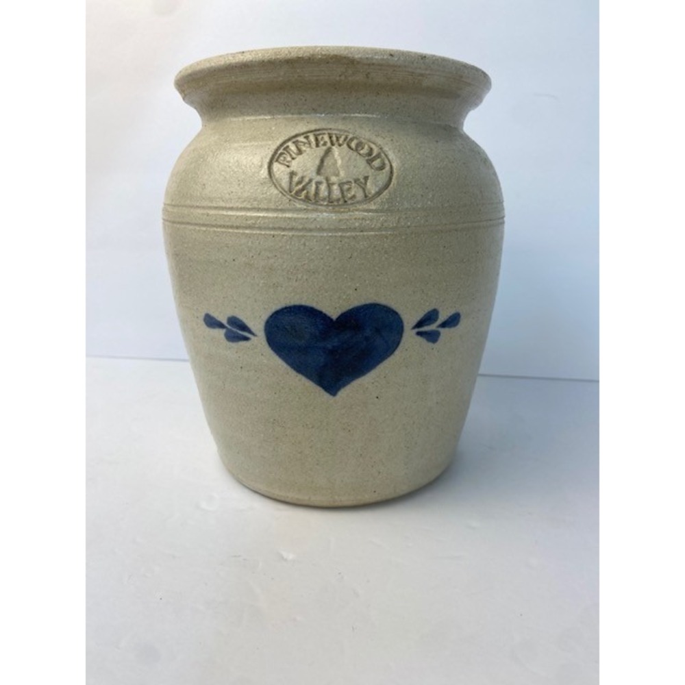 Pinewood Valley Stoneware Crock Blue Heart Salt Glaze Pottery Utensil Jar